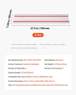 Product image of Track Saw Guide Rail, 110-Inch Range, 4x 27.5-inch Aluminum Rails, 3 Connectors