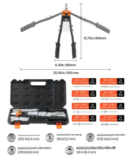 Product image of Pop Rivet Gun Kit, Two-Handed, 230 Blind Rivets, 5 Nosepieces, 5 Drill Bits, Case