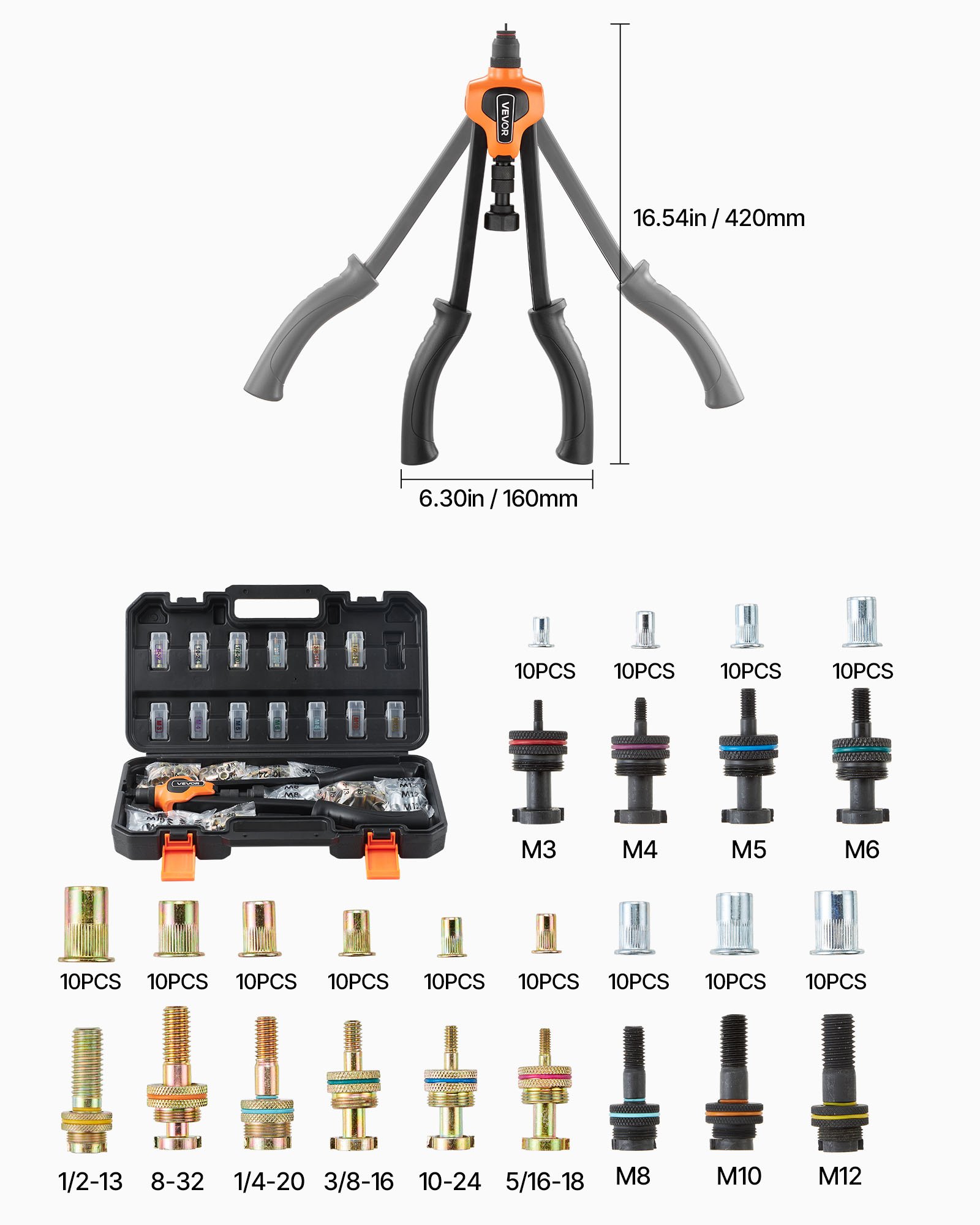 Main product image of 17-Inch Rivet Nut Tool Kit with 13 Mandrels, 130 Nuts, Metric/SAE