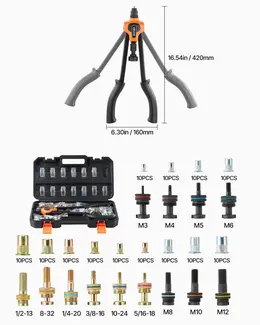 Product image of 17-Inch Rivet Nut Tool Kit with 13 Mandrels, 130 Nuts, Metric/SAE