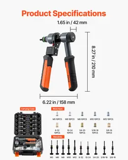 Product image of 9-Inch Ratchet Rivet Nut Tool Kit, 10 Mandrels, 100 Nuts, M5-M12, 8-32 to 3/8-16 UNC
