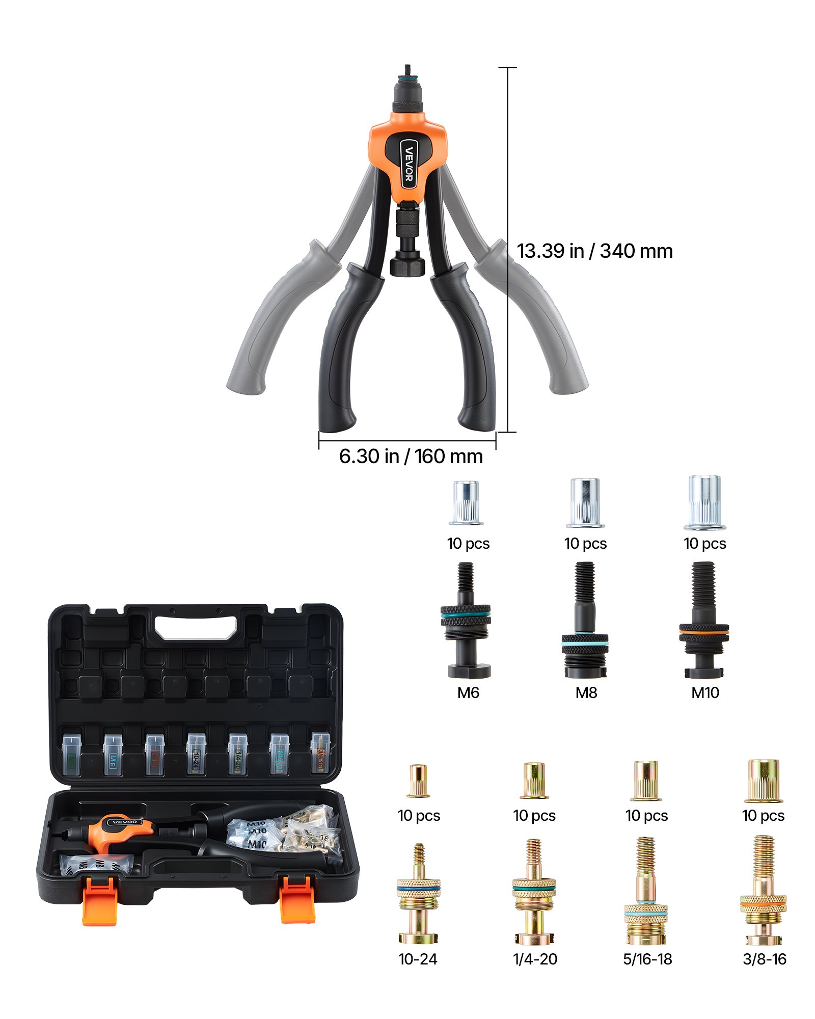 Main product image of 14-Inch Two-Handed Rivet Nut Tool Kit, 7 Mandrels, 70 Nuts, M6-M10, 10-24 to 3/8-16 UNC