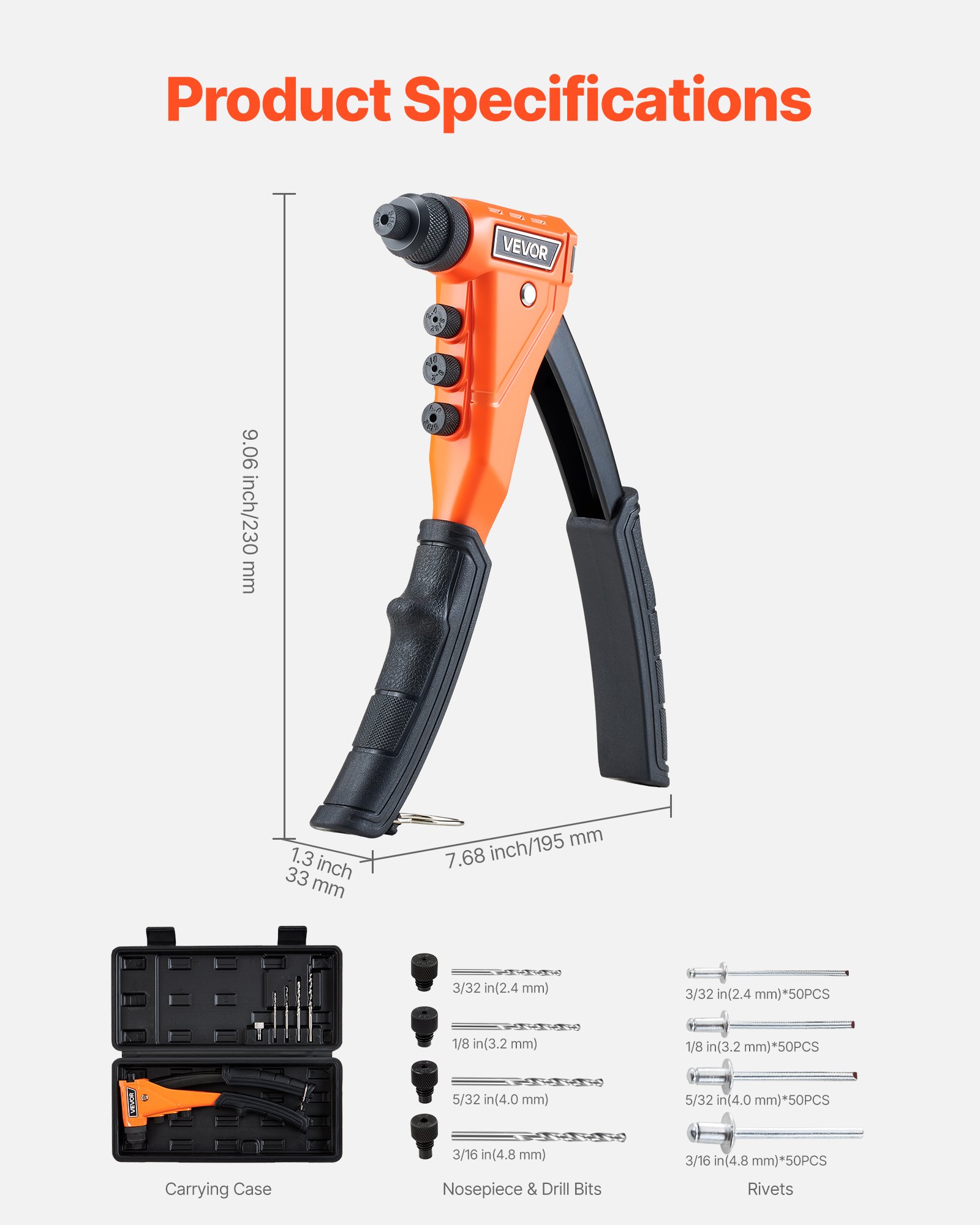 Main product image of Pop Rivet Gun Kit, Single Hand Riveter, 200 Blind Rivets, 4 Nosepieces, 4 Drill Bits, Case