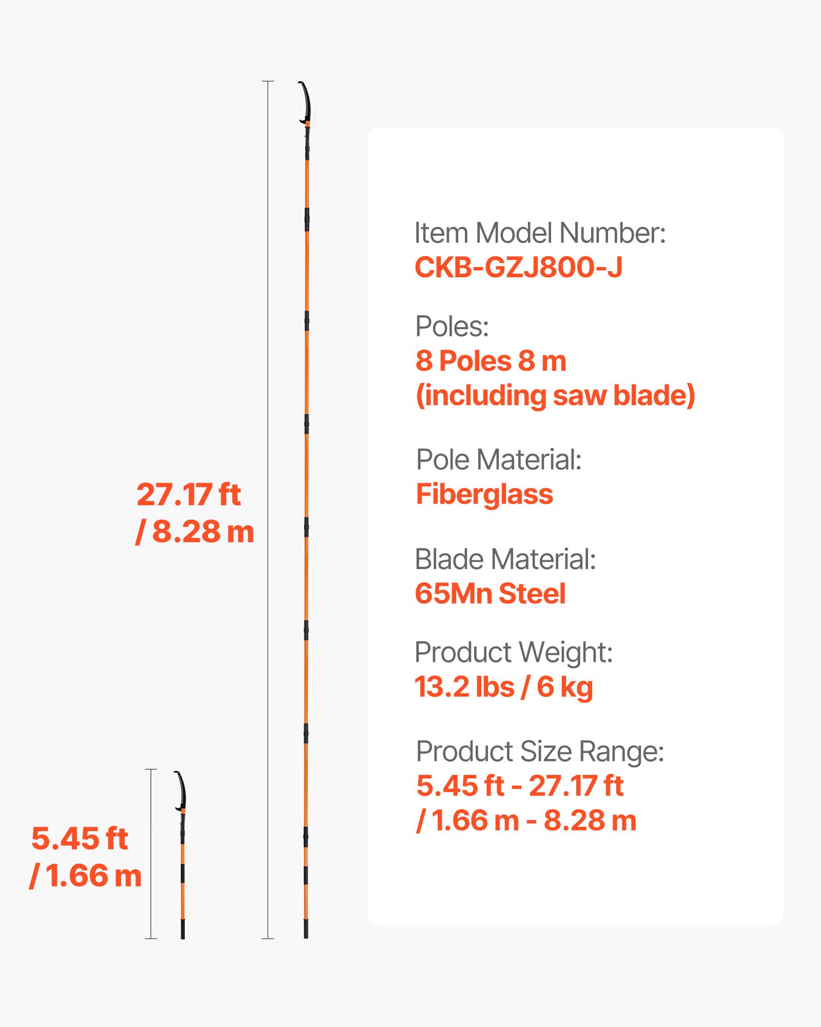Main product image of Manual Pole Saw, 4.46-26.4 Ft Extendable, 65Mn Steel Blade, Fiberglass Handle