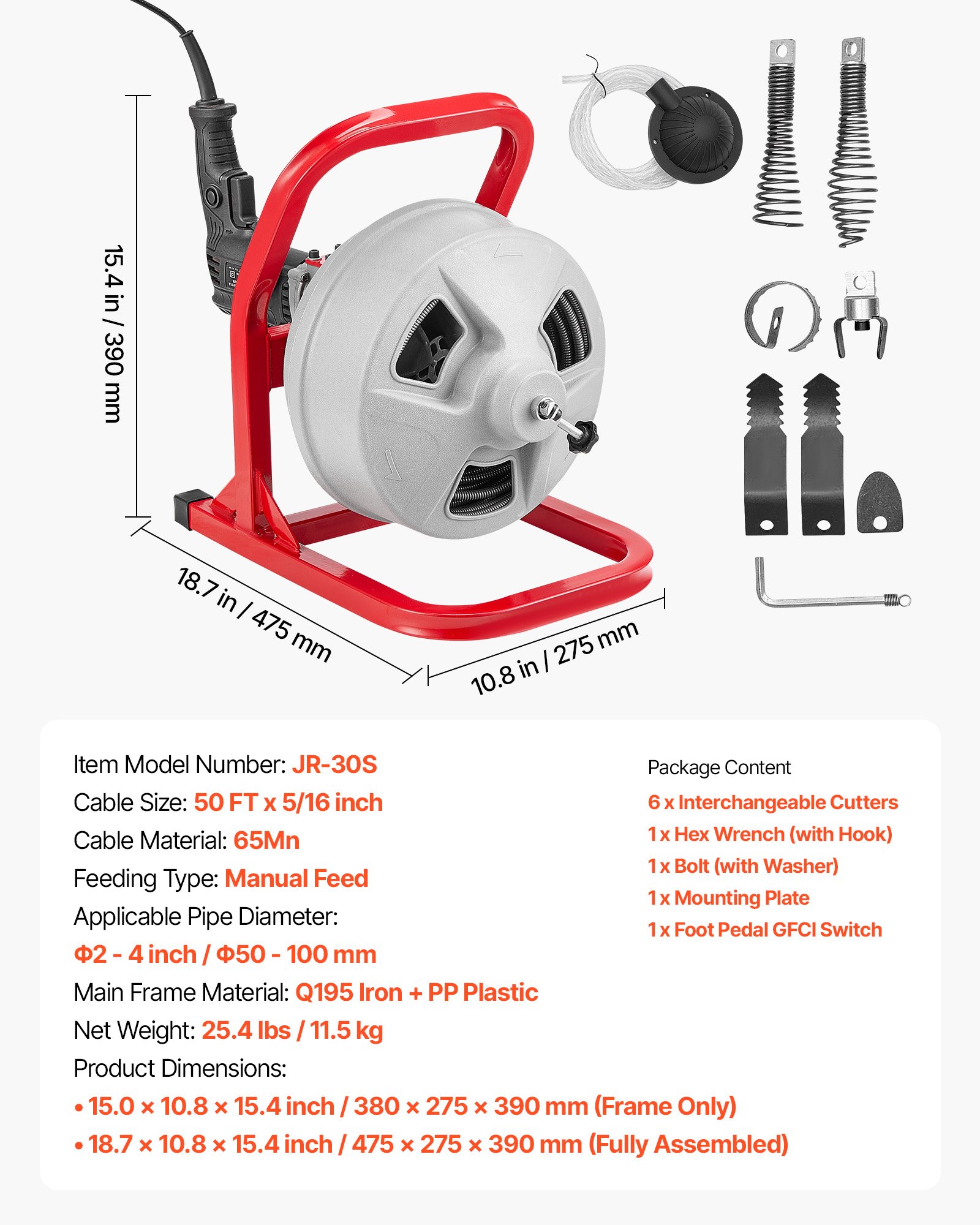 Main product image of Electric Drain Cleaner, 50 ft x 5/16 in. Cable, 228 RPM, 6 Cutters, Foot Switch