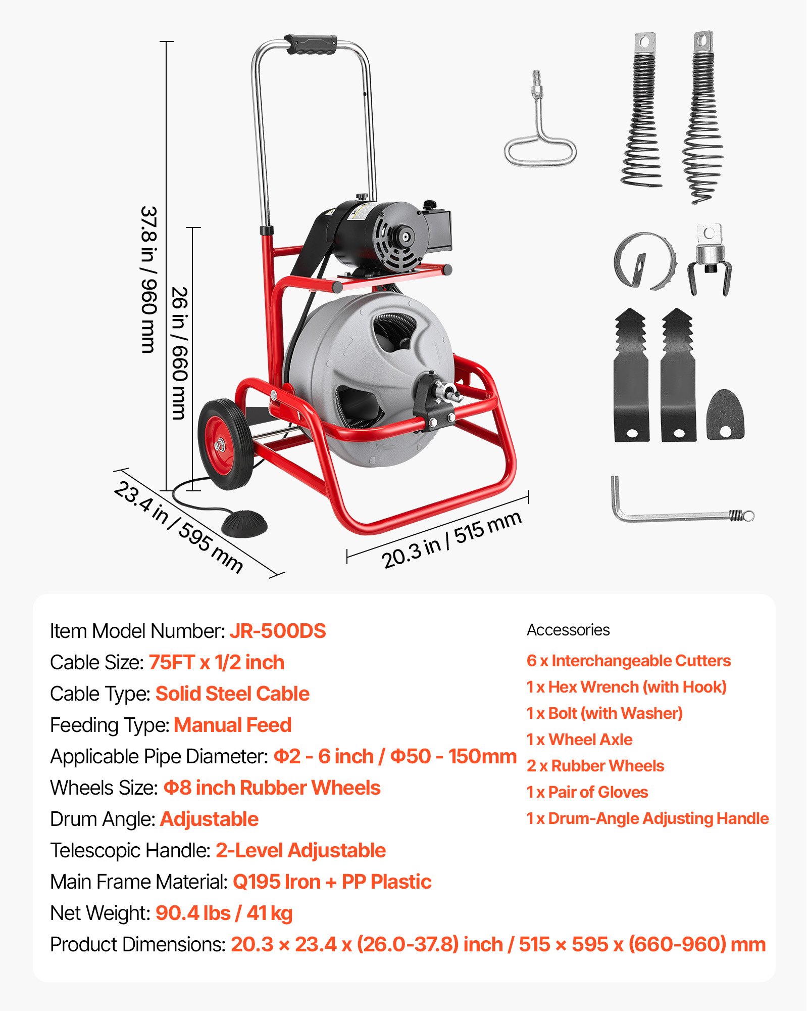 Main product image of Drain Cleaner Machine, 75 ft x 1/2 inch Cable, Manual Feed, Wheeled, 6 Cutters, 2-6 inch Pipes