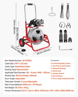 Product image of Drain Cleaner Machine, 75 ft x 1/2 inch Cable, Manual Feed, Wheeled, 6 Cutters, 2-6 inch Pipes