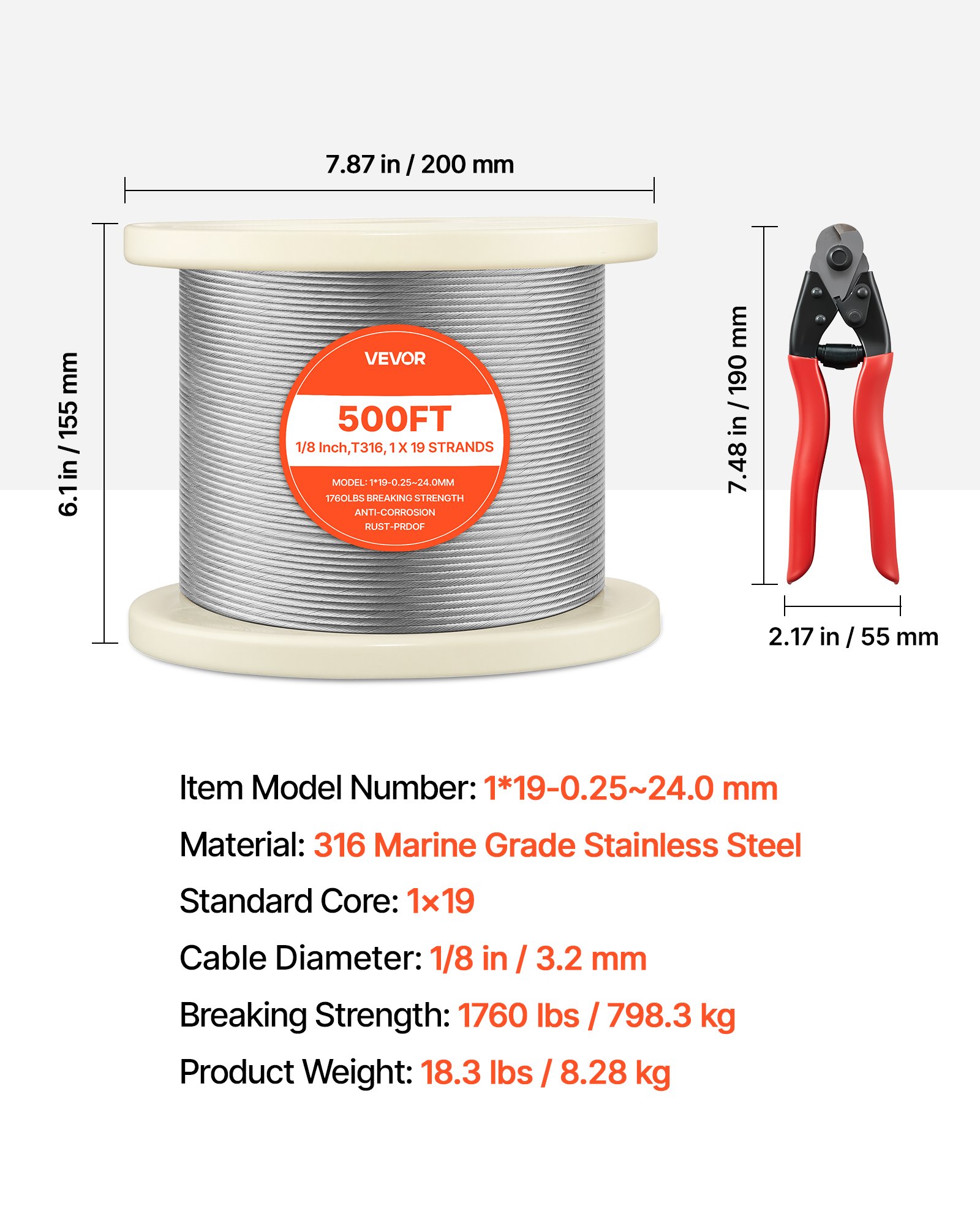 Main product image of 1/8 Inch 316 Stainless Steel Wire Rope, 500 Ft, 1x19, 1760 Lbs Breaking Strength