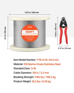 Product image of 1/8 Inch 316 Stainless Steel Wire Rope, 500 Ft, 1x19, 1760 Lbs Breaking Strength