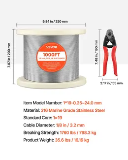 Product image of 1/8 Inch 316 Stainless Steel Wire Rope, 1x19 Strand, 1000 ft, 1760 lb Breaking Strength