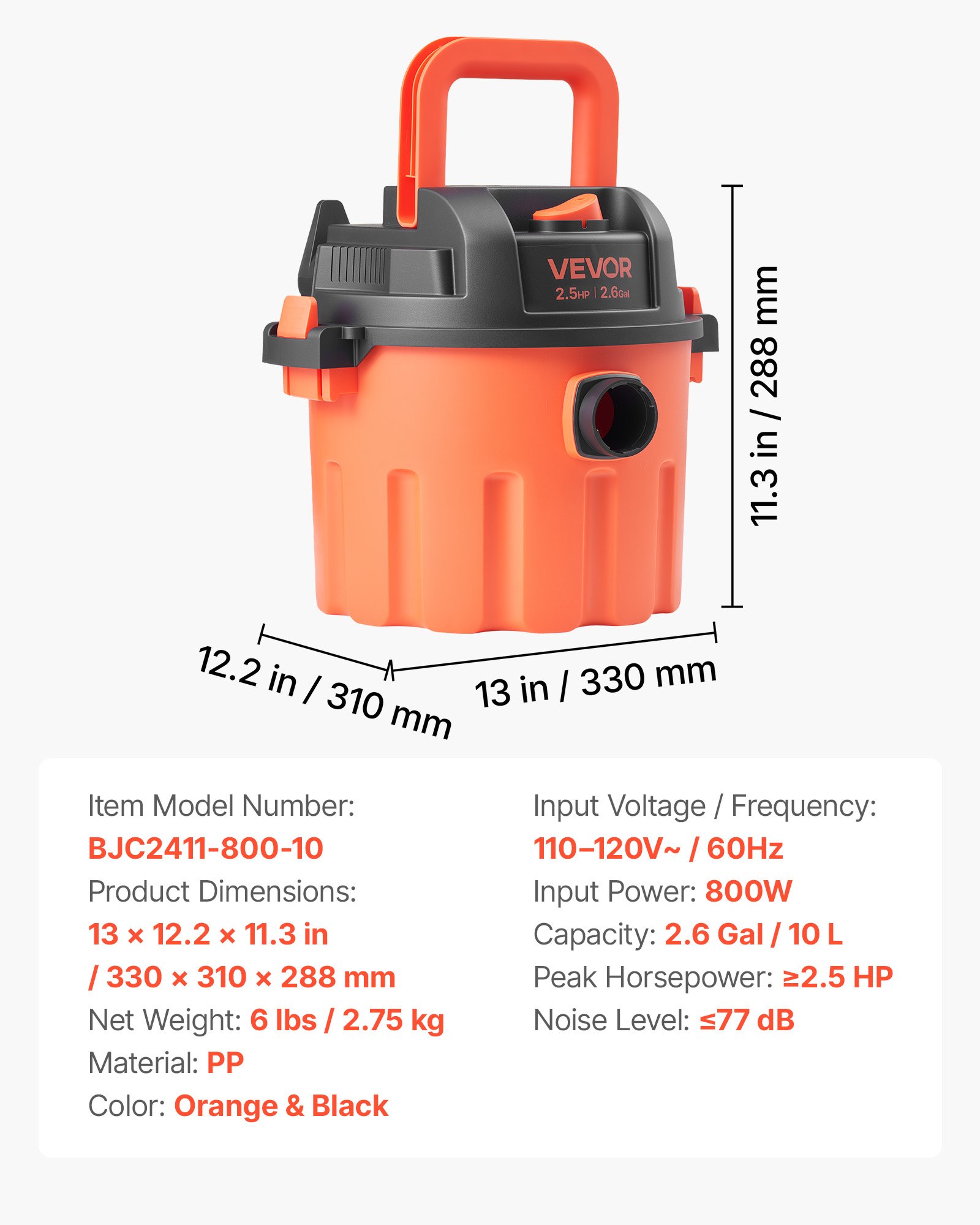 Main product image of Shop Vac 2.6 Gallon Portable Dry Shop Vacuum, 2.5 Peak HP, 800W, 1.25in x 4ft Hose
