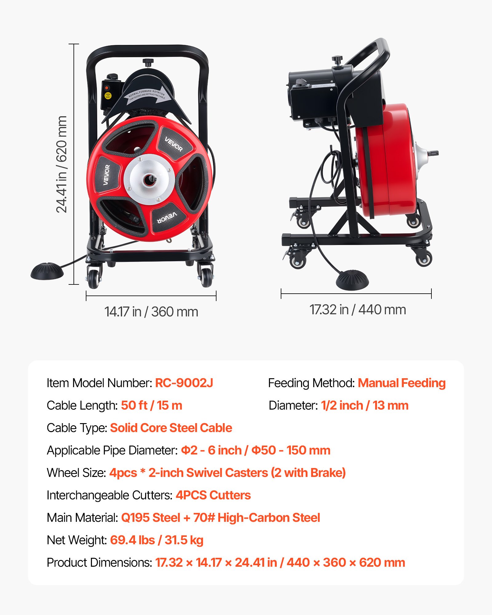 Main product image of 50 FT x 1/2 Inch Manual Drain Cleaner, 4 Cutters, Foot Switch, 2-6 In Pipes
