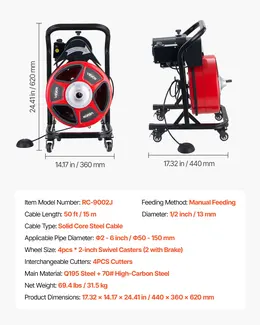 Product image of 50 FT x 1/2 Inch Manual Drain Cleaner, 4 Cutters, Foot Switch, 2-6 In Pipes