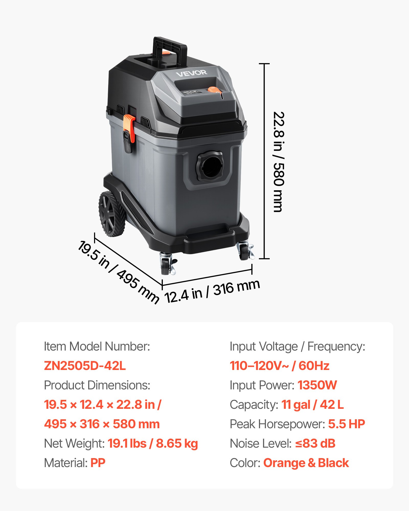 Main product image of 11 Gallon Wet Dry Shop Vacuum, 5.5 Peak HP, 1350W, Self-Cleaning
