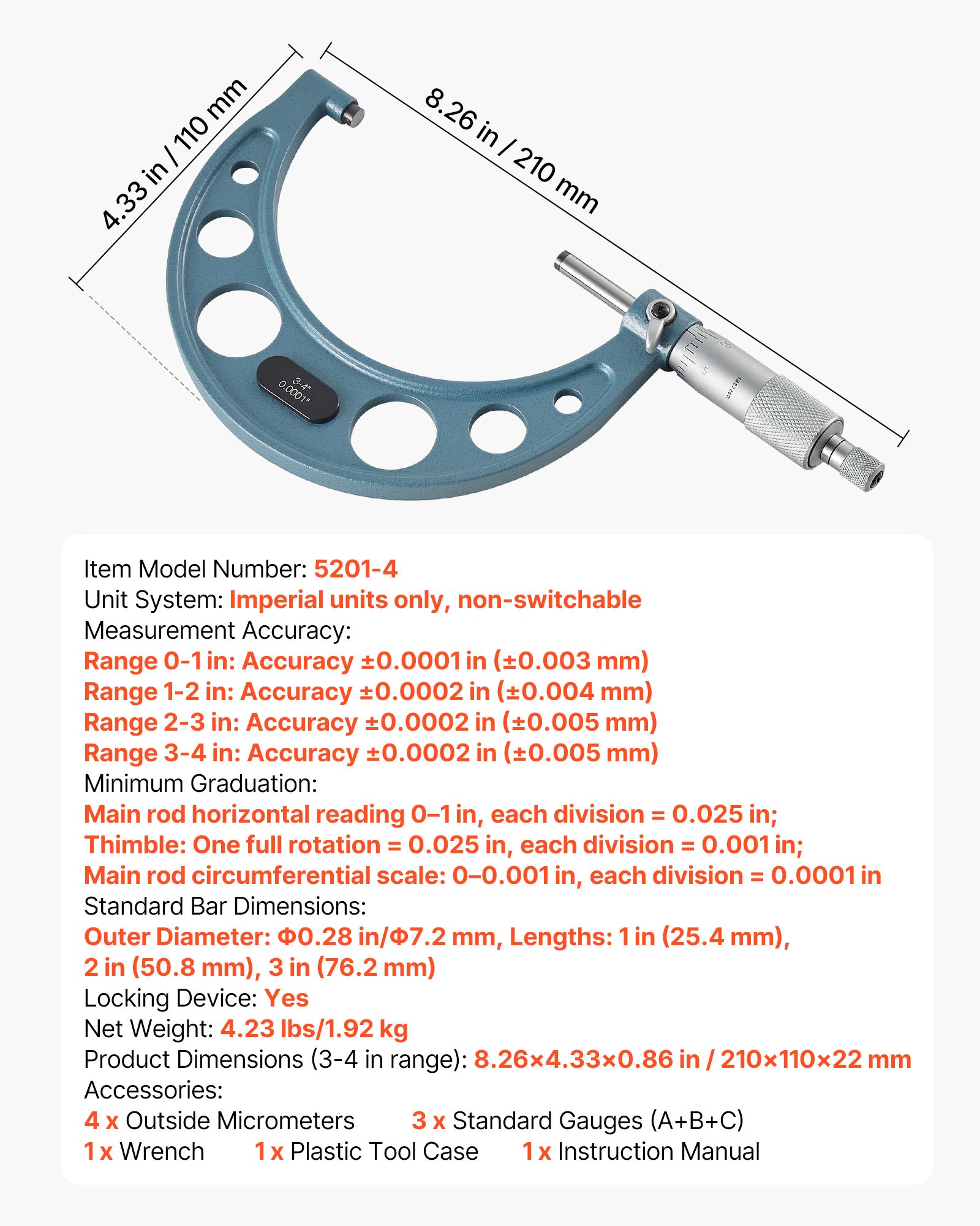 Main product image of 4-Piece Outside Micrometer Set, 0-1", 1-2", 2-3", 3-4", 0.0001" Accuracy, with Case