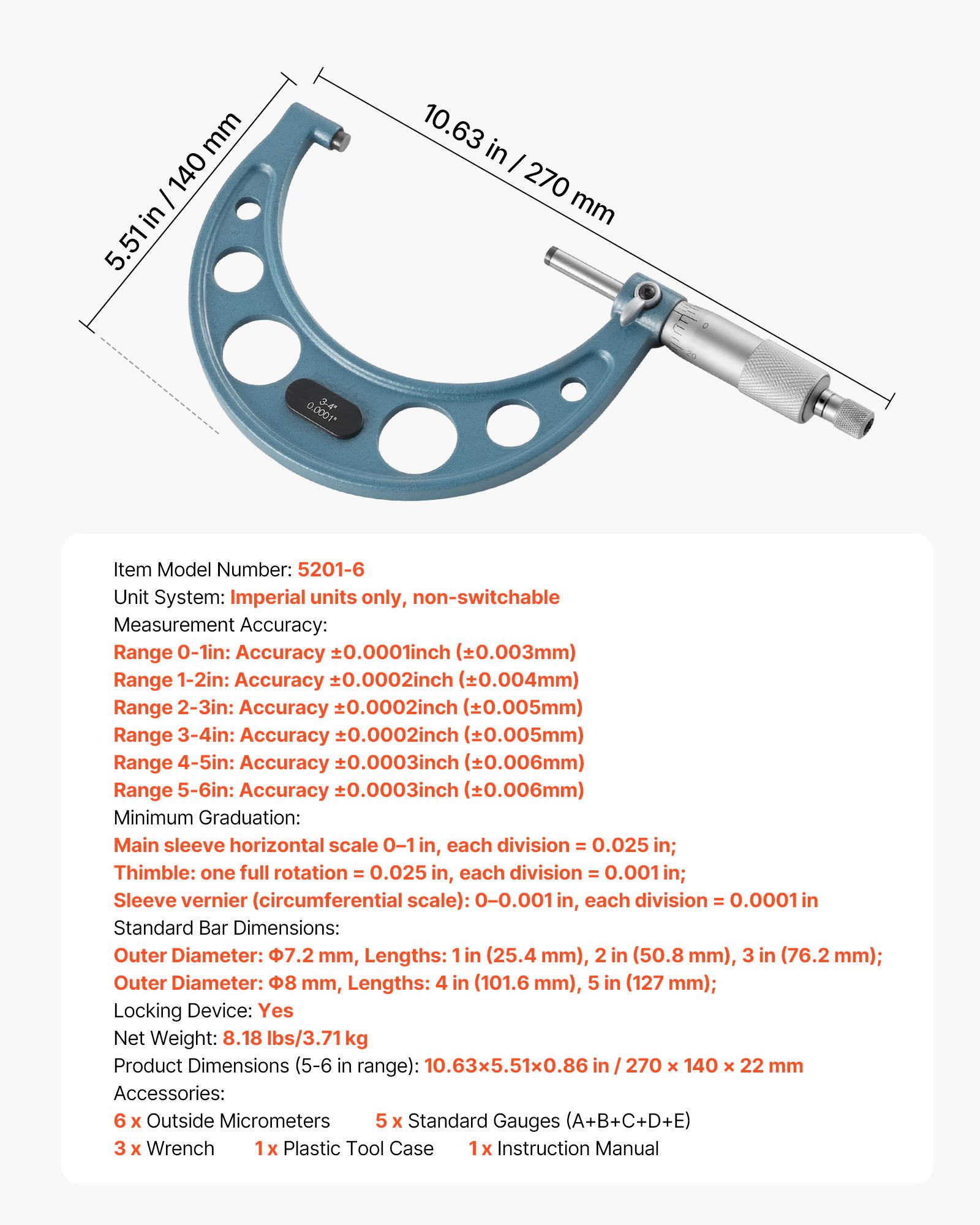 Main product image of 6 Pc Outside Micrometer Set, 0-1", 1-2", 2-3", 3-4", 4-5", 5-6", 0.0001" Acc.