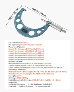 Product image of 6 Pc Outside Micrometer Set, 0-1", 1-2", 2-3", 3-4", 4-5", 5-6", 0.0001" Acc.