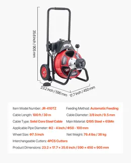 Product image of Drain Cleaner, 100 ft x 3/8 in. Auto-Feed Auger, Wheeled, 4 Cutters, 2-4 in. Pipes