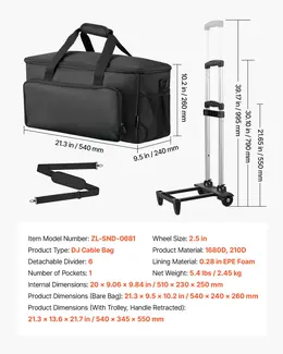 Product image of Rolling Padded DJ Gear Case, 1680D, With Wheels and 6 Detachable Dividers