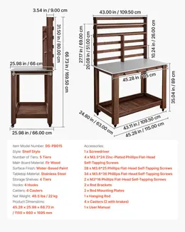 Product image of Potting Bench, 45 x 26 In Stainless Steel Top, Shelves, Casters, Brown