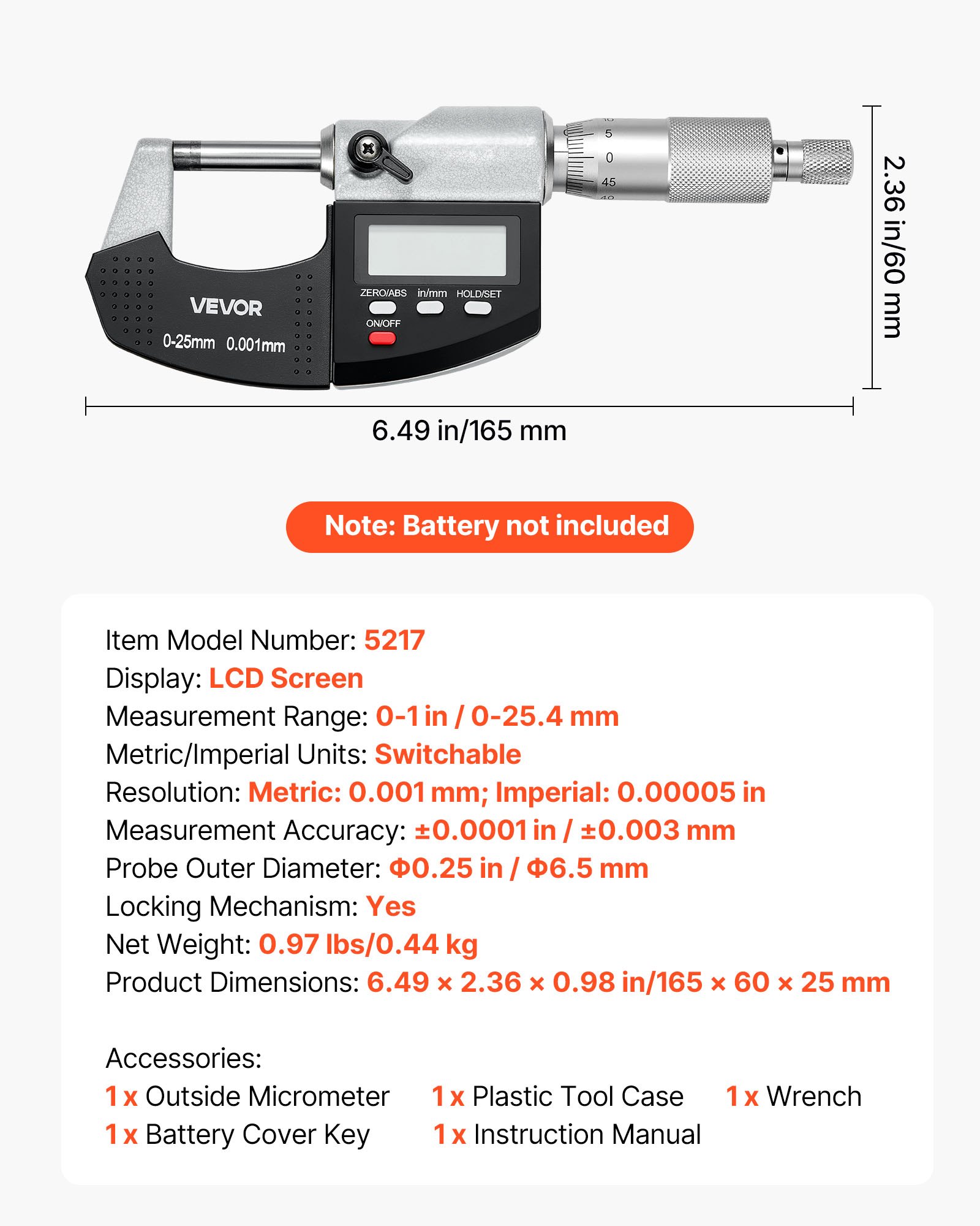 Main product image of Digital Outside Micrometer, 0-1 inch, 0.00005" Resolution, 0.0001" Accuracy