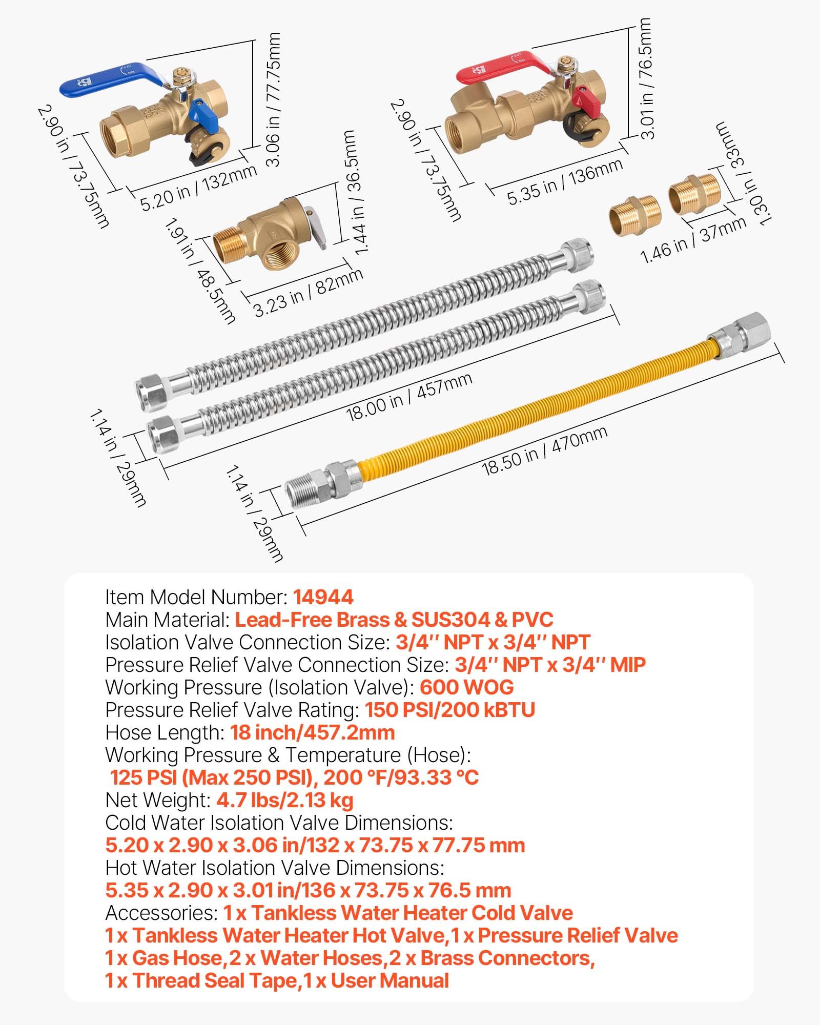 Main product image of Water Heater Connection Kit, 3/4 Inch, with 600 WOG Isolation Valves, PRV, Gas Hose