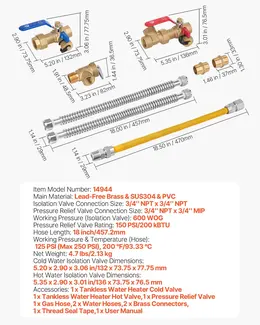 Product image of Water Heater Connection Kit, 3/4 Inch, with 600 WOG Isolation Valves, PRV, Gas Hose