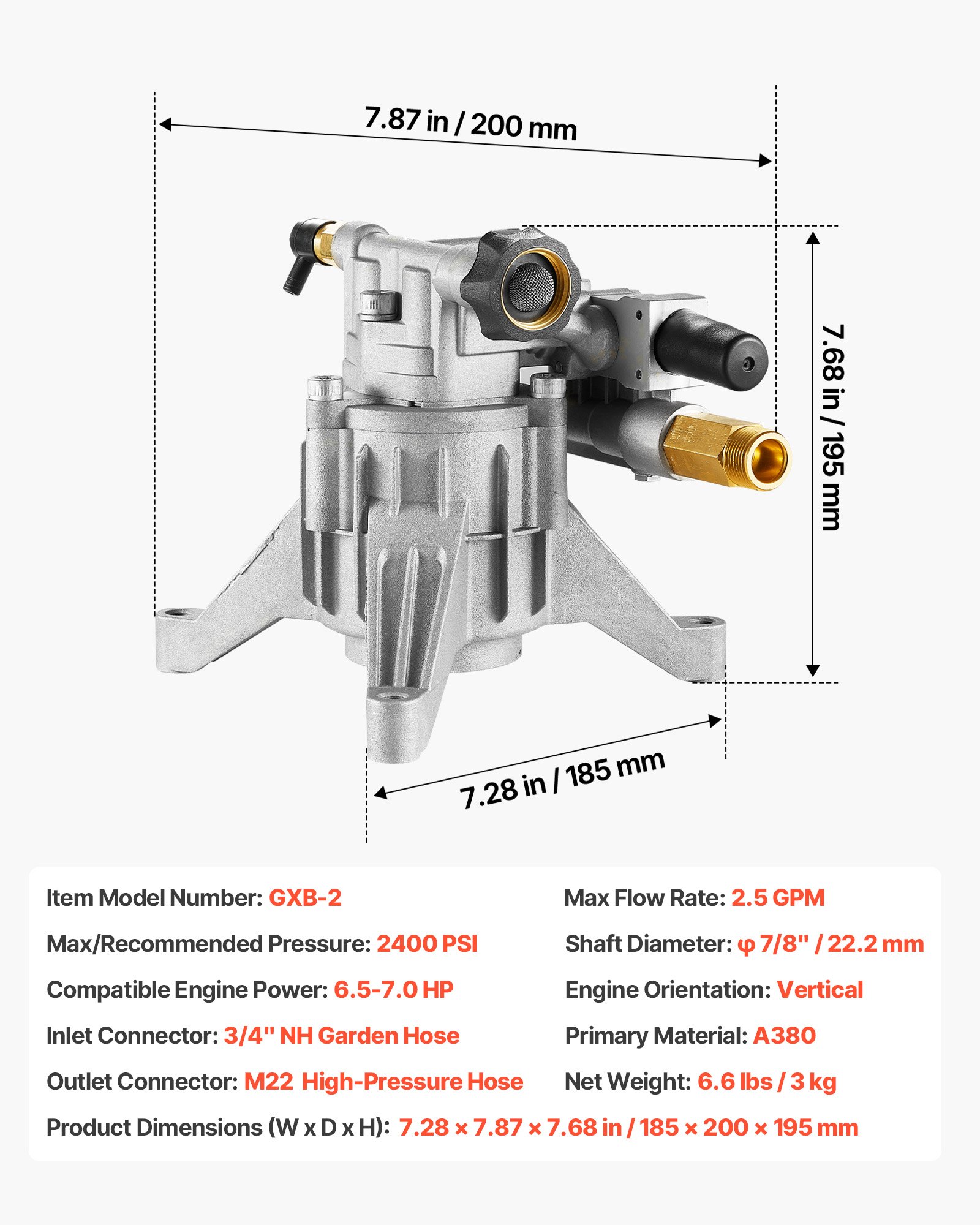 Main product image of Pressure Washer Pump, 7/8" Vertical, 2400 PSI, 2.5 GPM, Kit for RYOBI, Honda