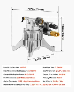 Product image of Pressure Washer Pump, 7/8" Vertical, 2400 PSI, 2.5 GPM, Kit for RYOBI, Honda