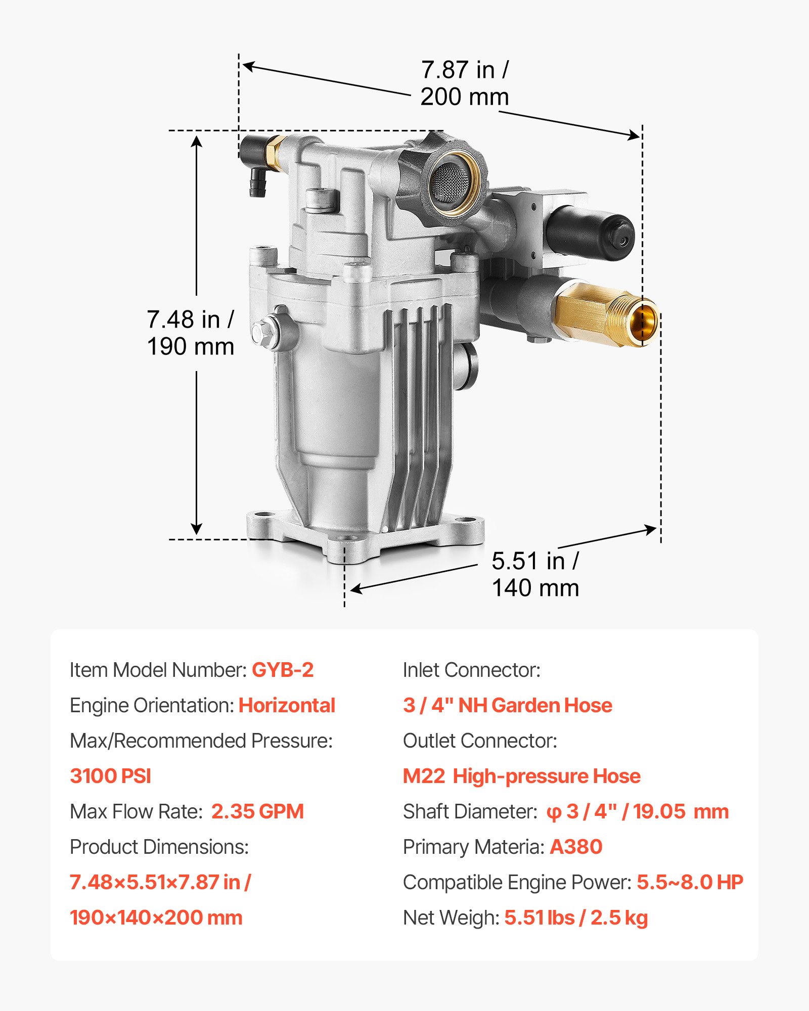 Main product image of Pressure Washer Pump, 3/4" Horizontal Shaft, 3100 PSI, 2.35 GPM, Replacement Kit