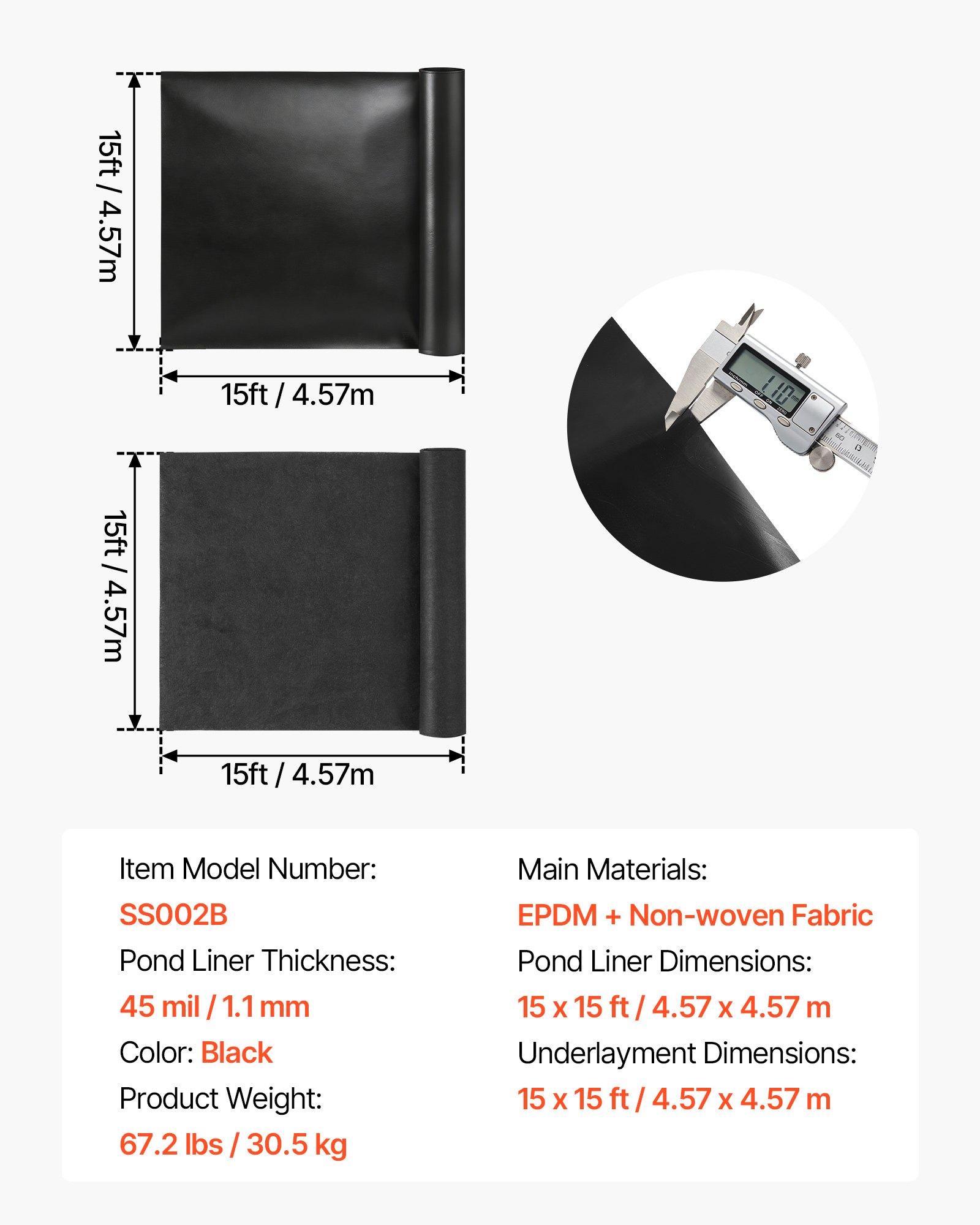 Main product image of EPDM Rubber Pond Liner and Underlayment Combo, 15 x 15 ft, 45 Mil, Black