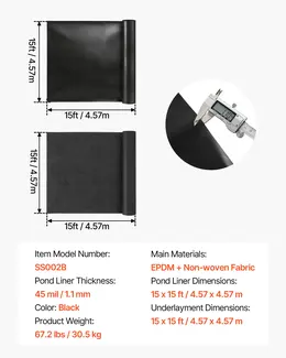 Product image of EPDM Rubber Pond Liner and Underlayment Combo, 15 x 15 ft, 45 Mil, Black