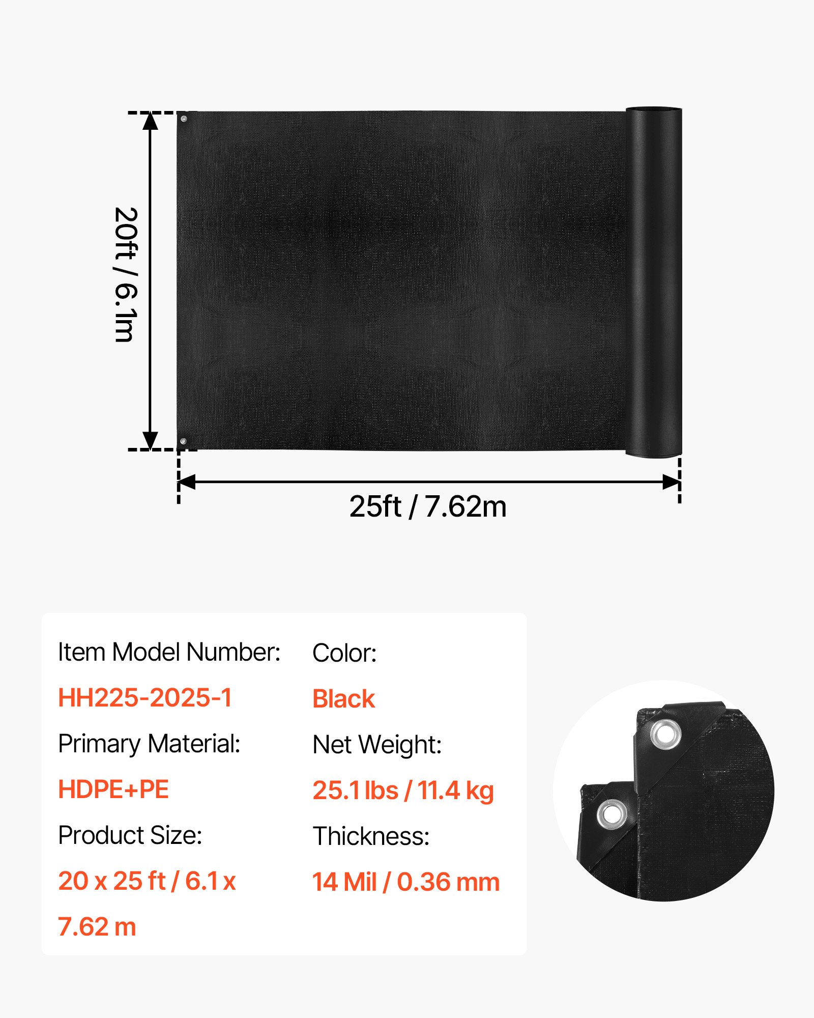 Main product image of Pond Liner, 20 x 25 Ft, 14 Mil, 3-Layer Reinforced PE, Hemmed Edge, 4 Buttonholes, Black