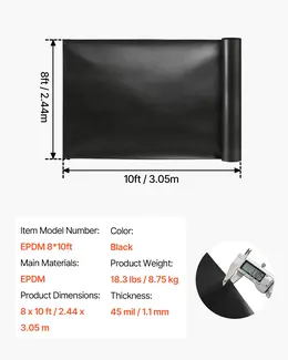 Product image of 8 x 10 ft EPDM Pond Liner, 45 Mil Thickness, for Outdoor Ponds, Black
