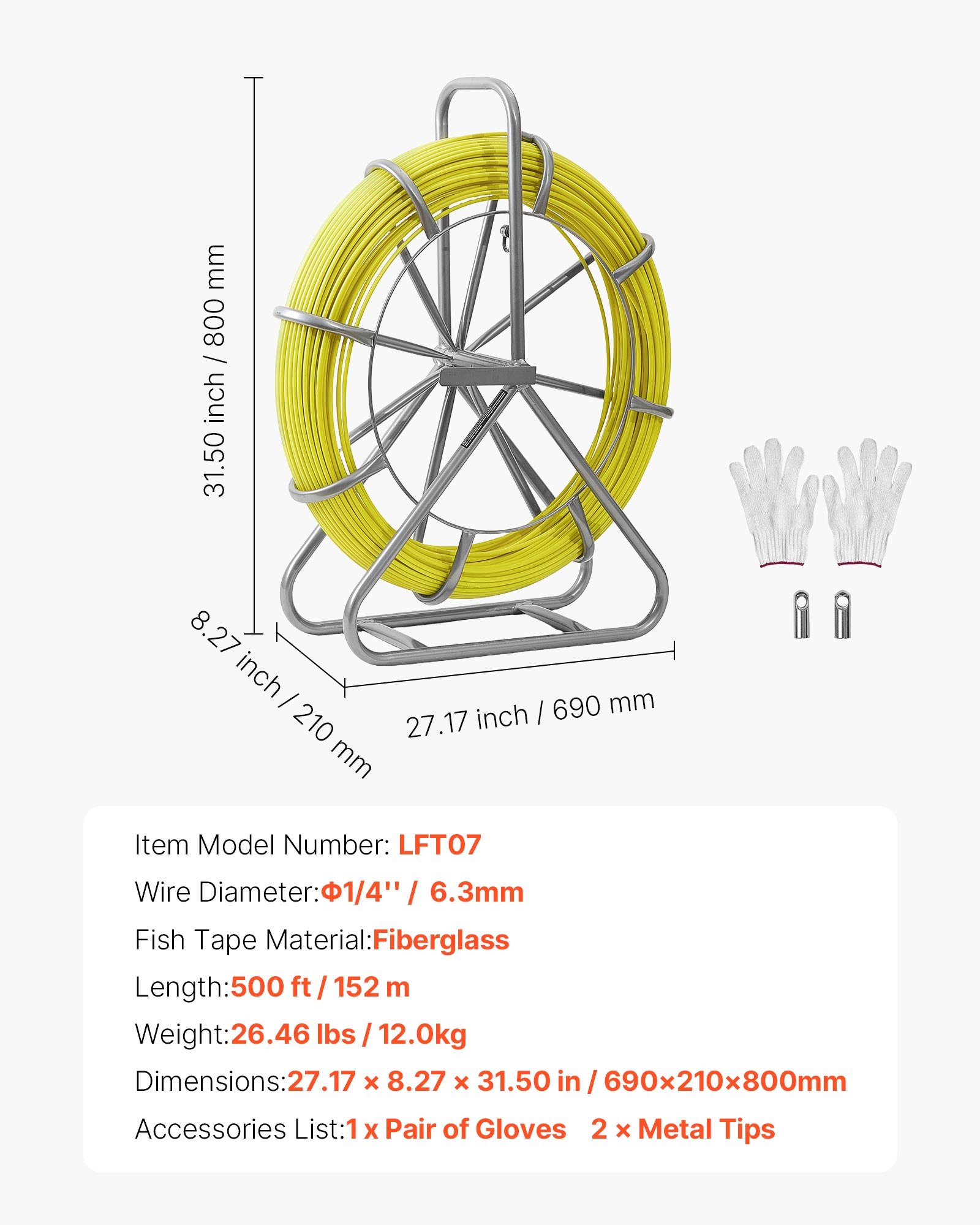 Main product image of Fiberglass Fish Tape, 500FT, 6.3MM (1/4-Inch), Non-Conductive, With Stand