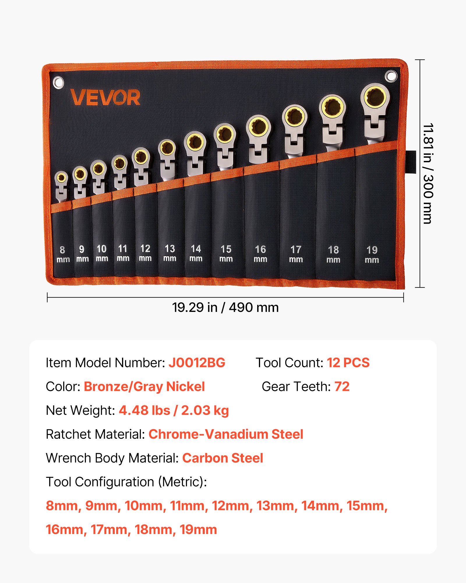Main product image of Flex-Head Ratcheting Wrench Set, 12-Piece Metric 8-19 mm, 72-Tooth, Cr-V Steel
