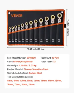 Product image of Flex-Head Ratcheting Wrench Set, 12-Piece Metric 8-19 mm, 72-Tooth, Cr-V Steel