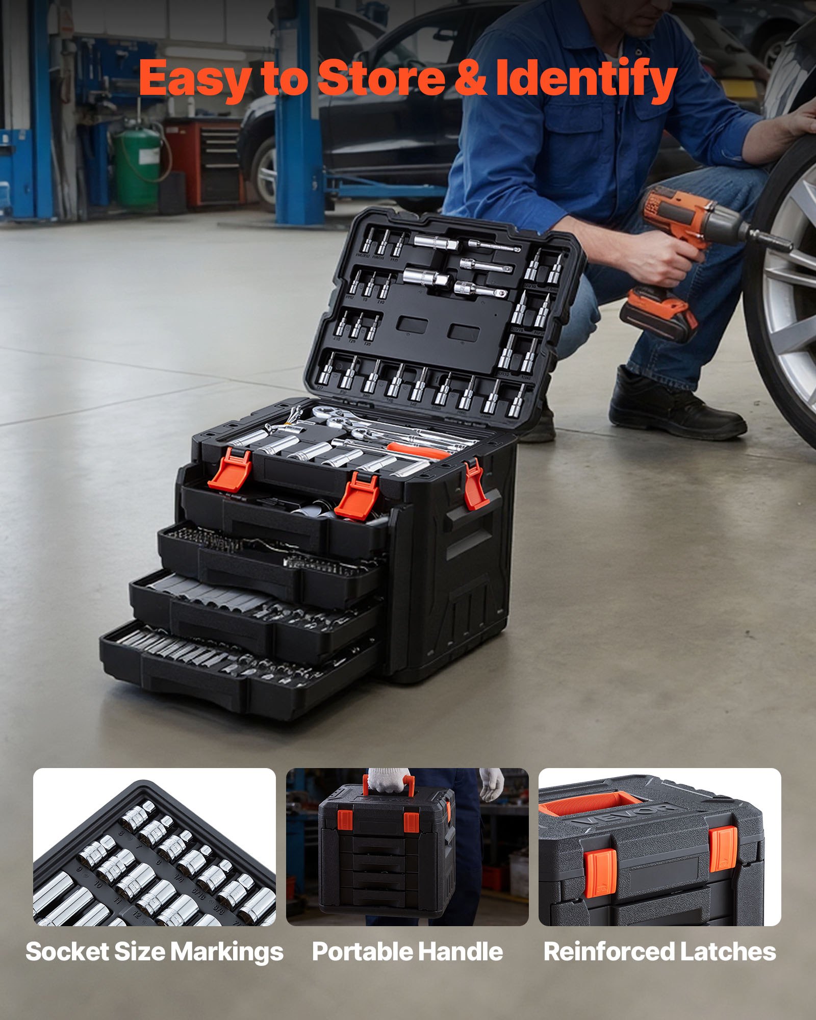 Main product image of 297-Piece Mechanics Tool Set, 1/4, 3/8, 1/2 In Drive, SAE/Metric Sockets, Wrenches, Bits, Case