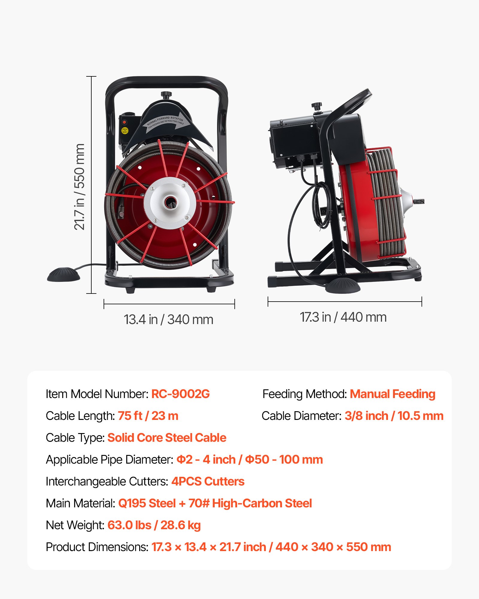 Main product image of Drain Cleaner Machine, 75 ft x 3/8 in. Cable, 2-4 in. Pipes