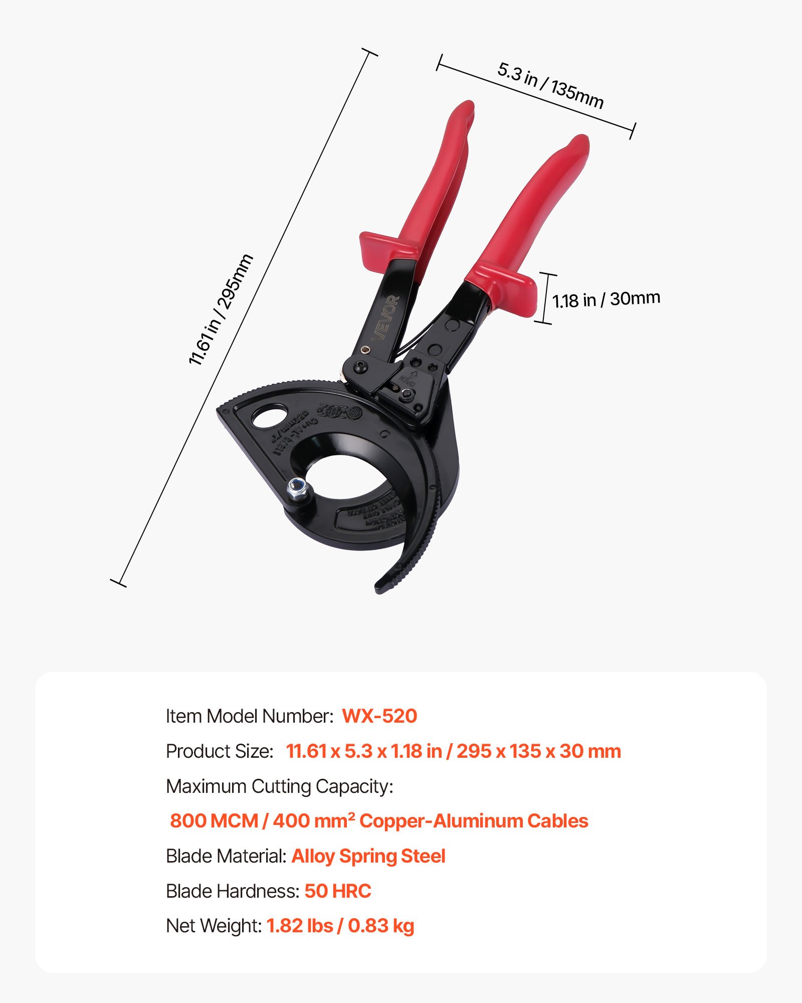 Main product image of Ratcheting Cable Cutter, Spring Steel Blades, Insulated Handles, 800 MCM / 400 mm²