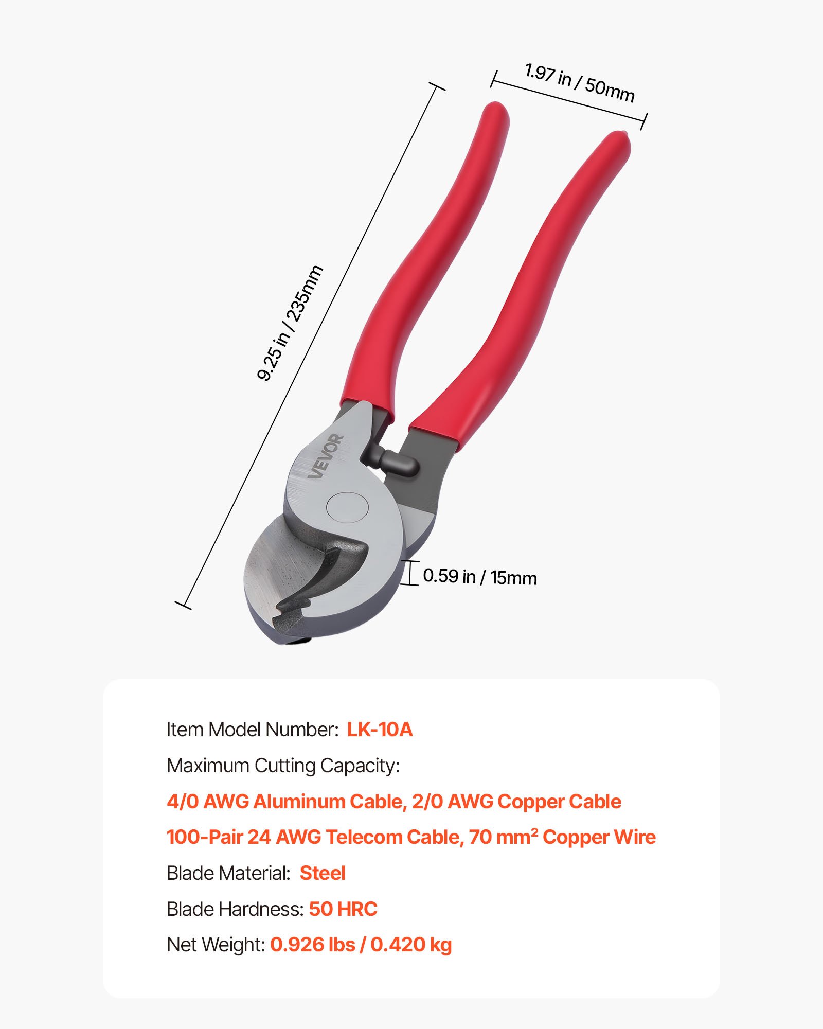 Main product image of High Leverage Cable Cutter, 9-1/4 In, for 4/0 AWG Aluminum, 2/0 AWG Copper