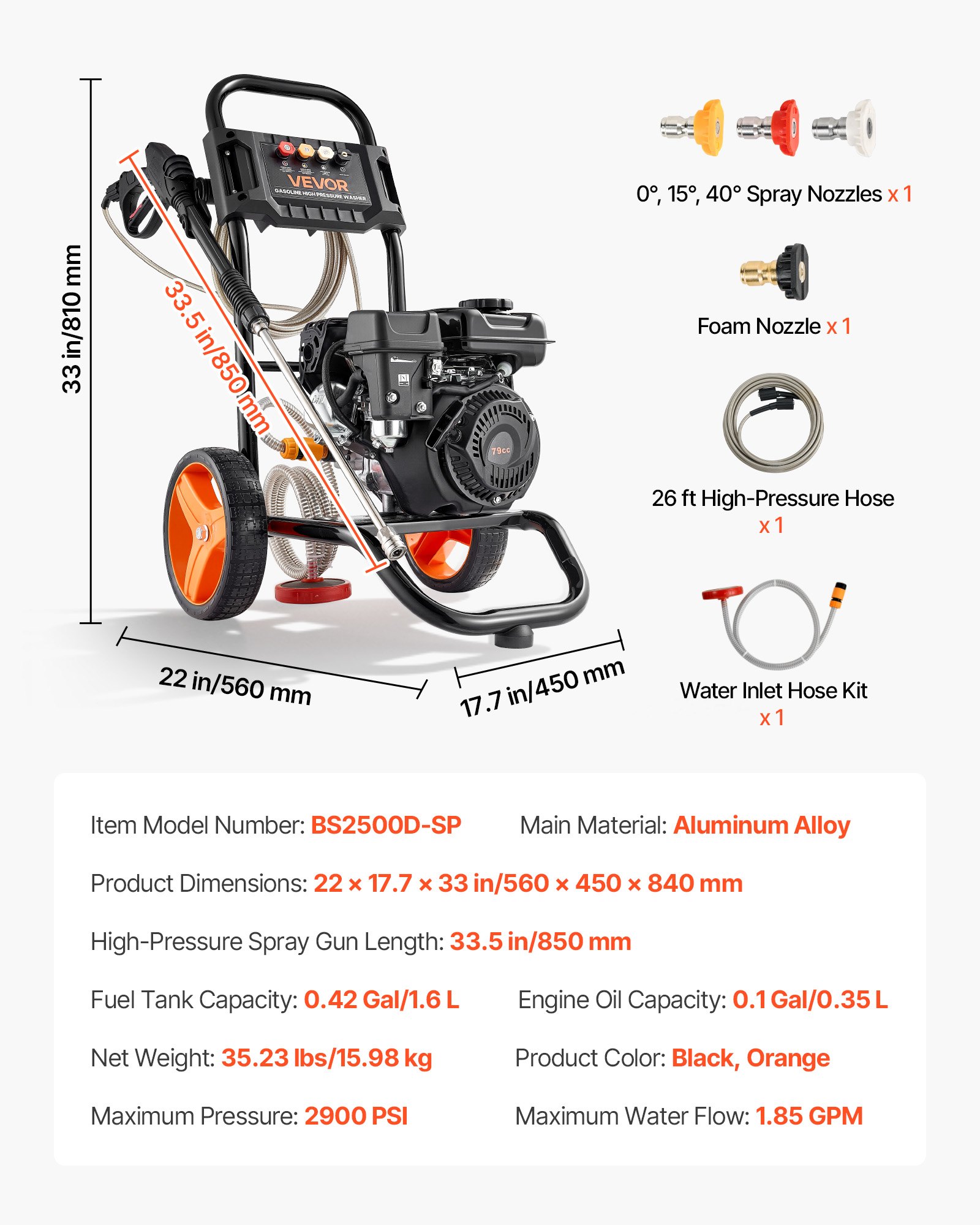 Main product image of Gas Pressure Washer, 2900 PSI, 1.85 GPM, Aluminum Pump, 4 Nozzles