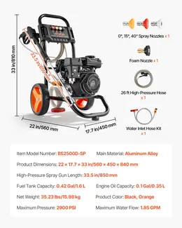 Product image of Gas Pressure Washer, 2900 PSI, 1.85 GPM, Aluminum Pump, 4 Nozzles