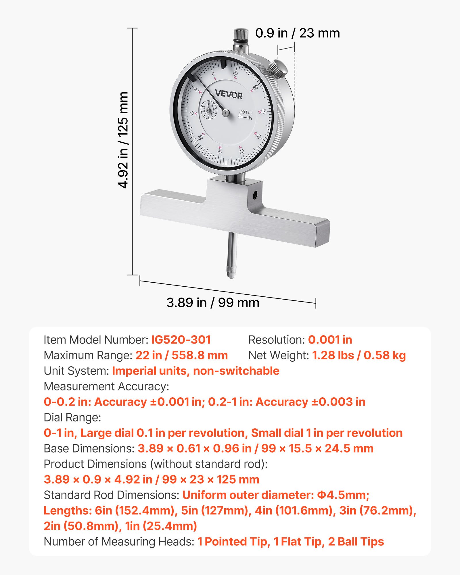 Main product image of Depth Micrometer, 0-22 Inch Range, 0.001" Resolution, 4 Anvils, 6 Rods