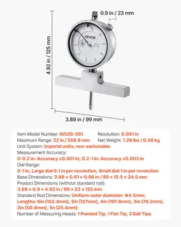 Product image of Depth Micrometer, 0-22 Inch Range, 0.001" Resolution, 4 Anvils, 6 Rods