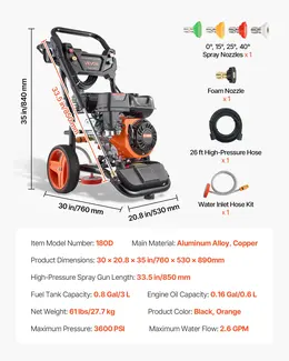 Product image of Gas Pressure Washer, 3600 PSI, 2.6 GPM, Copper Pump, Gun, Wand, 5 Nozzles, 26 Ft Hose