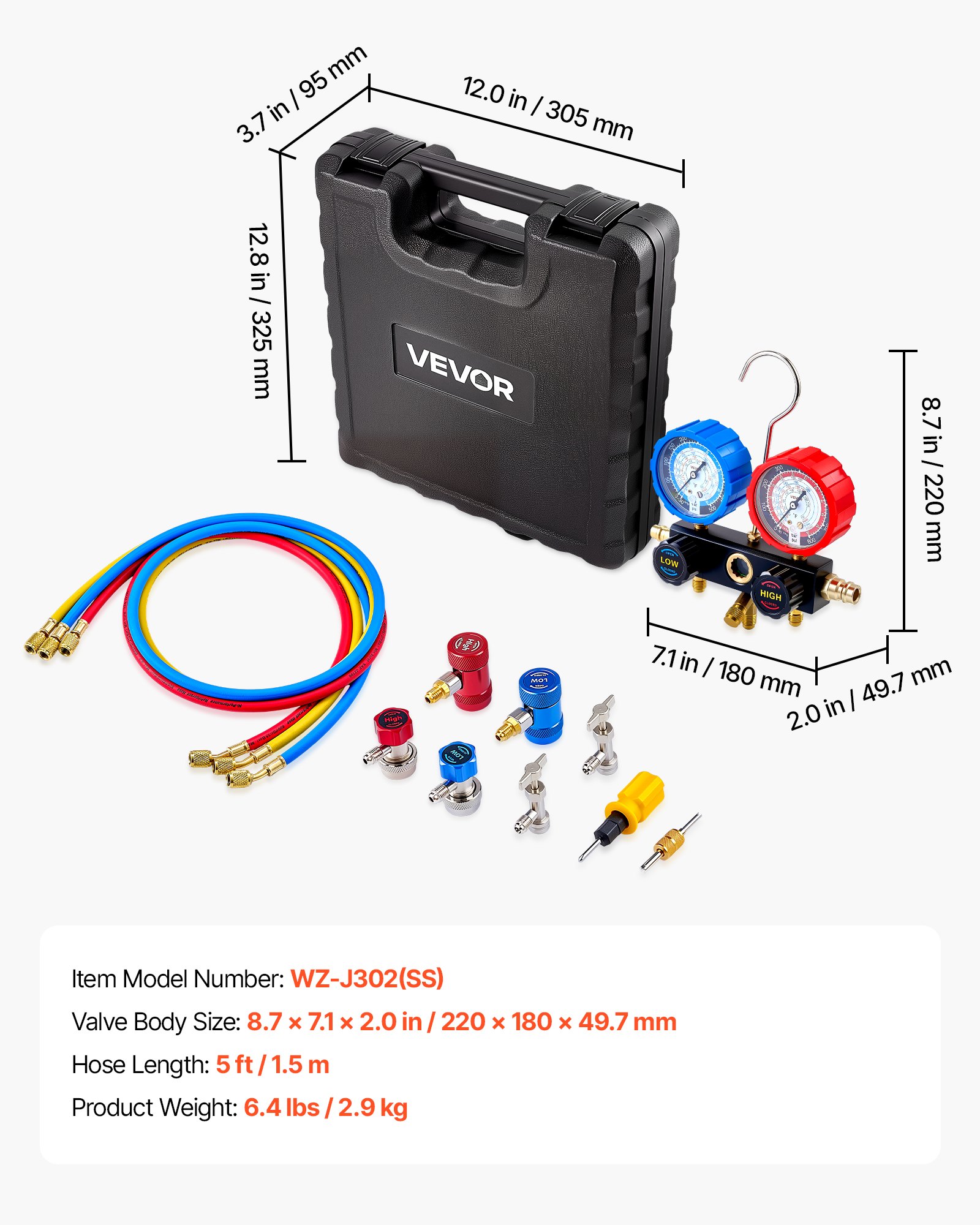 Main product image of 3-Way AC Manifold Gauge Set for R134a, R404A, R1234yf, R22 Refrigerants