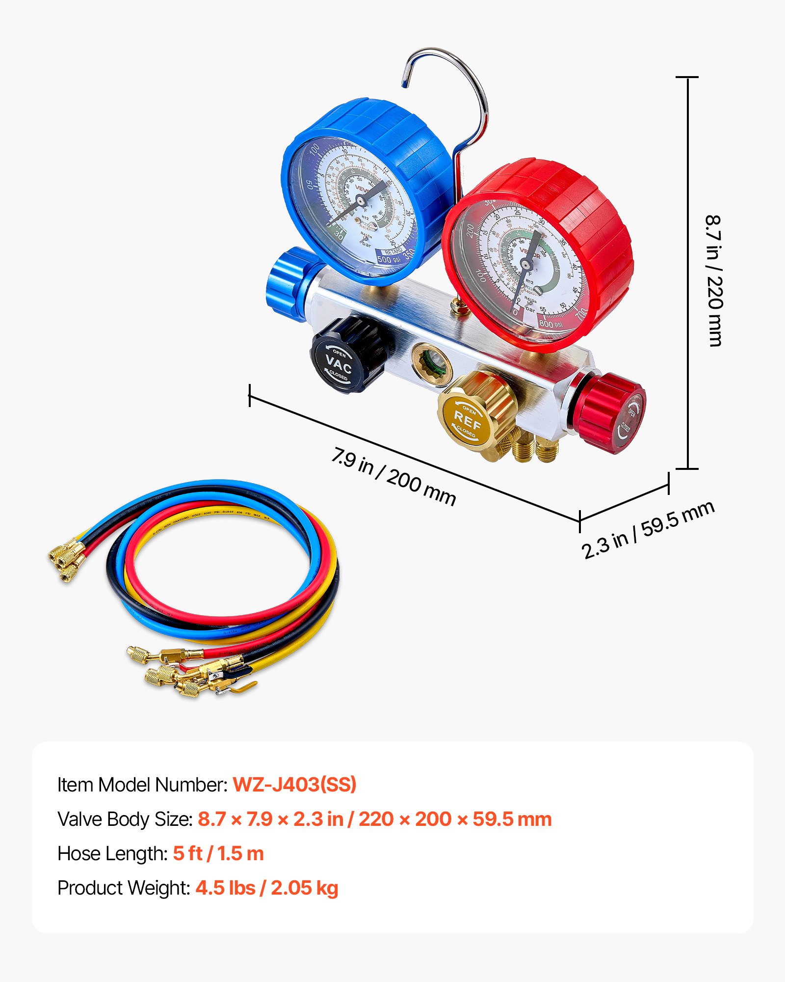 Main product image of AC Manifold Gauge Set, 4-Way, R22 R404A R410A R12, 5 ft Hoses
