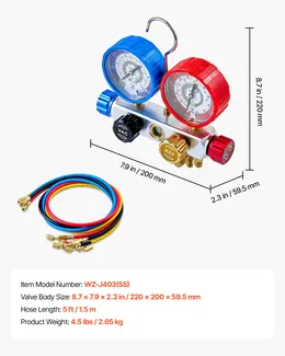 Product image of AC Manifold Gauge Set, 4-Way, R22 R404A R410A R12, 5 ft Hoses