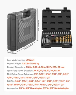 Product image of 41-Piece Screw Extractor and Drill Bit Set, Cr-Mo Steel, with Adapters and Case